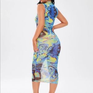 Random Print Sheer Mesh Bodycon Dress